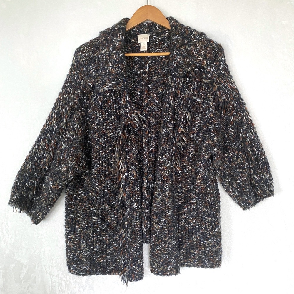 Chicos Chunky Knit Cardigan Sweater Jacket Size 3 Cozy Textured Fringe